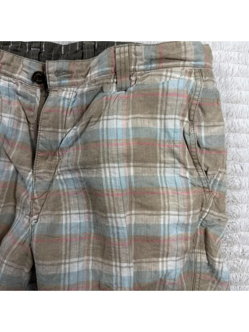 Tommy Bahama Shorts Mens‎ 32x9” Beige Plaid Reversible Green 100% Linen Summer